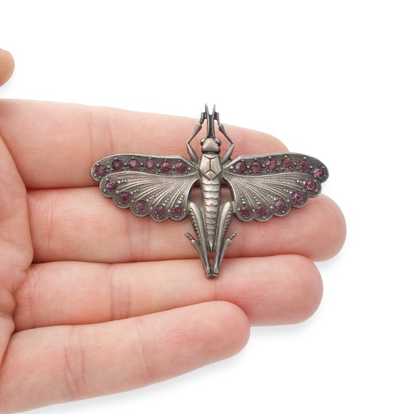 Vintage French Grasshopper Brooch Silver Plate Purple Rhinestone Locust Insect - Picture 2 of 7